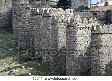 Stock Image - Stone walls of Medieval castle, Avila, Spain, Europe . Fotosearch