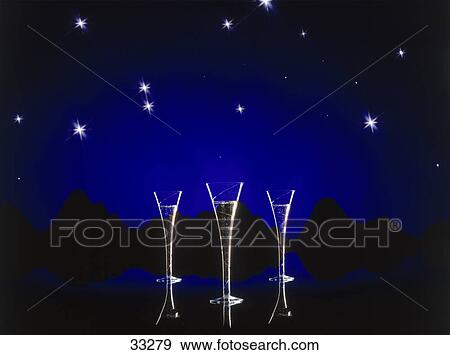 Stock Photo - Three Champagne flutes at night . Fotosearch