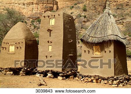 Three traditional grain silos at the Dogon village of Songho, Mali View Large Photo Image Stock Image - Three traditional grain silos at the Dogon village of Songho, Mali . Fotosearch