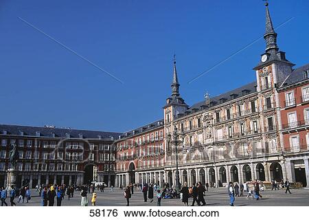 Tourists at city square, Plaza Mayor, Madrid, Spain View Large Photo Image Stock Photograph - Tourists at city square, Plaza Mayor, Madrid, Spain . Fotosearch