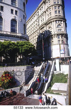 Tourists on escalators in front of buildings, Powell Street, San Francisco, California, USA View Large Photo Image Stock Image - Tourists on escalators in front of buildings, Powell Street, San Francisco, California, USA . Fotosearch