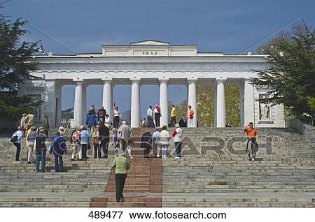 Tourists on staircase in front of colonnade, Crimea, Ukraine View Large Photo Image Stock Photo - Tourists on staircase in front of colonnade, Crimea, Ukraine . Fotosearch
