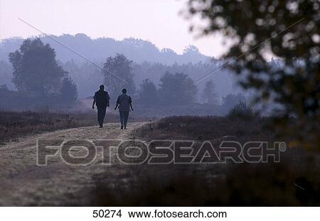 Tourists walking through heathland, Lueneburger Heide, Germany View Large Photo Image Picture - Tourists walking through heathland, Lueneburger Heide, Germany . Fotosearch