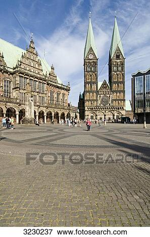 Town hall and cathedral at the market square in Bremen, Germany View Large Photo Image Stock Photo - Town hall and cathedral at the market square in Bremen, Germany . Fotosearch