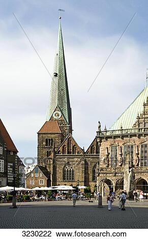 Town hall and church at the market square in Bremen, Germany View Large Photo Image Stock Image - Town hall and church at the market square in Bremen, Germany . Fotosearch