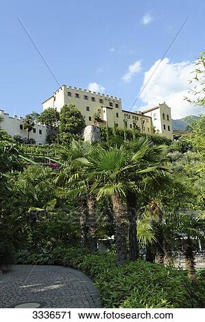 Stock Image - Trauttmannsdorff Castle and botanic garden, Meran, Italy, low angle view . Fotosearch
