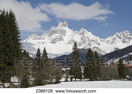 Trees in front of mountain, Dachstein Mountains, Filzmoos, St. Johann im Pongau, Salzburg, Austria View Large Photo Image Stock Photograph - Trees in front of mountain, Dachstein Mountains, Filzmoos, St. Johann im Pongau, Salzburg, Austria . Fotosearch