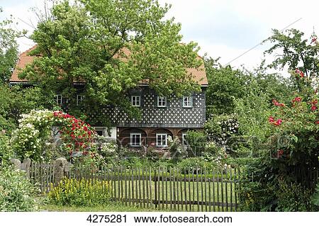 Stock Image - Umgebindehaus, Obercunnersdorf, Saxony, Germany, Europe . Fotosearch