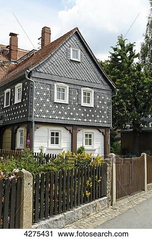 Stock Image - Umgebindehaus, Obercunnersdorf, Saxony, Germany, Europe . Fotosearch