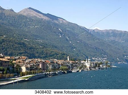 Stock Image - View of Cannobio and Lago Maggiore, Piedmont, Italy, elevated view . Fotosearch