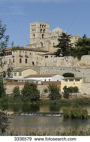 Stock Photo - View of the Duoro river and the old town of Zamora, Spain . Fotosearch