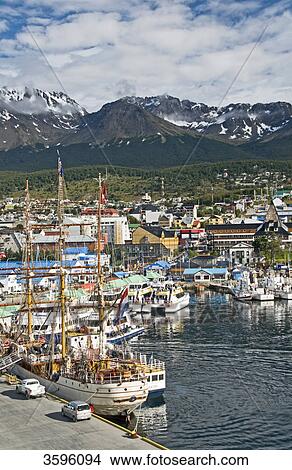 Picture - View of Ushuaia with harbor, Tierra del Fuego, Argentina . Fotosearch