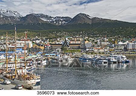 View of Ushuaia with harbor, Tierra del Fuego, Argentina View Large Photo Image Stock Image - View of Ushuaia with harbor, Tierra del Fuego, Argentina . Fotosearch