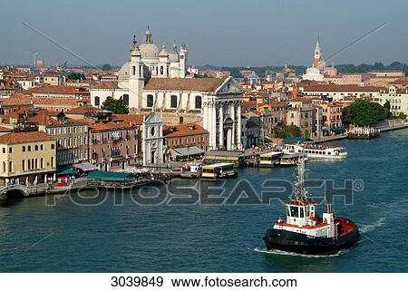 Stock Photo - View over Venetian waterway to the Fondamenta delle Zattere, Venice, Italy, aerial view . Fotosearch