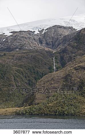 Waterfall and Marinelli Glacier at the Almirantazgo Fjord, Chile View Large Photo Image Stock Photo - Waterfall and Marinelli Glacier at the Almirantazgo Fjord, Chile . Fotosearch