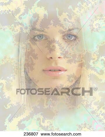 Stock Photo - Young woman's face on pattern background . Fotosearch