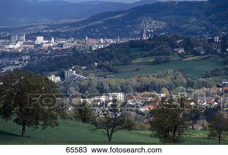 Aerial view of houses on landscape, Freiburg, Black Forest, Baden-Wurttemberg, Germany View Large Photo Image Stock Image - Aerial view of houses on landscape, Freiburg, Black Forest, Baden-Wurttemberg, Germany . Fotosearch