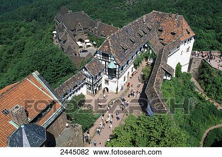 Stock Image - Aerial view of people in castle, Eisenach, Wartburg, Thuringia, Germany . Fotosearch