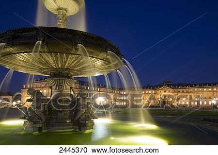 Stock Image - Architectural detail of fountain with castle in background, New Castle, Schlossplatz, Stuttgart, Baden-Wurttemberg, Germany . Fotosearch