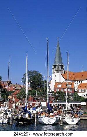 Stock Photo - Boats at harbor, Nikolaikirche, Ronne, Bornholm, Denmark . Fotosearch