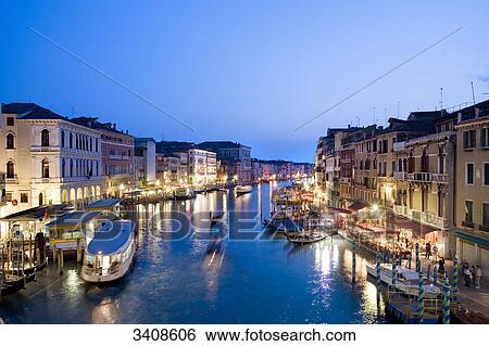 Stock Photograph - Boats on the Canale Grande, Venice, Italy, elevated view . Fotosearch