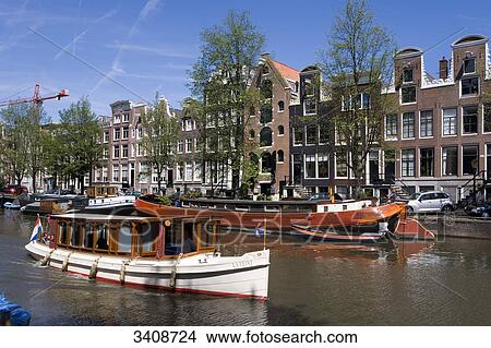 Picture - Boats on the Prinsengracht, Amsterdam, Netherlands, elevated view . Fotosearch