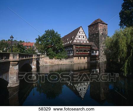 Bridge across river in town, River Pegnitz, Nuremberg, Bavaria, Germany View Large Photo Image Stock Photo - Bridge across river in town, River Pegnitz, Nuremberg, Bavaria, Germany . Fotosearch