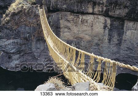 Stock Image - Bridge with plant fibre across river, Apurimac River, Peru . Fotosearch