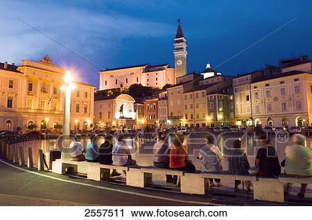 Stock Image - Buildings at waterfront, Piran, Balkan Peninsula, Slovenia . Fotosearch