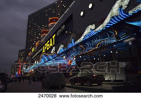 Cars parked in front of lit up building, Novy Arbat, Moscow, Russia View Large Photo Image Stock Photo - Cars parked in front of lit up building, Novy Arbat, Moscow, Russia . Fotosearch
