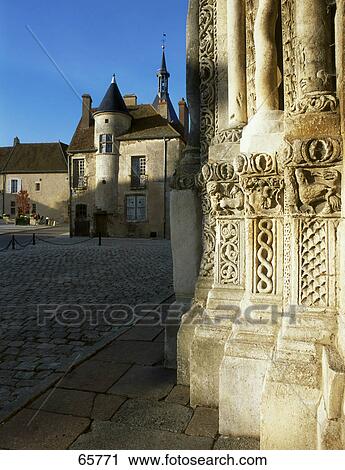 Stock Image - Carved columns of church, Eglise St-Lazare, Avallon, Burgundy, France . Fotosearch