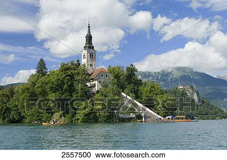 Stock Image - Church at lakeside, Lake Bled, Gorenjska, Balkan Peninsula, Carniola, Slovenia . Fotosearch