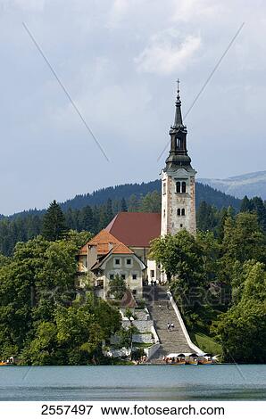 Stock Photo - Church at lakeside, Lake Bled, Gorenjska, Balkan Peninsula, Carniola, Slovenia . Fotosearch