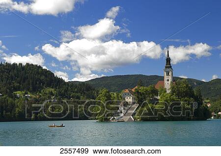 Stock Photo - Church at lakeside, Lake Bled, Gorenjska, Balkan Peninsula, Carniola, Slovenia . Fotosearch