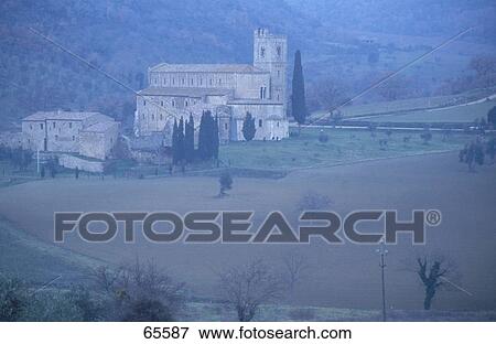 Stock Photo - Church in forest, San Antimo, Tuscany, Italy . Fotosearch