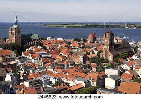 Stock Image - Church in town at coast, St. Jakobi Church, Strelasund, Stralsund, Rugen, Mecklenburg-West Pomerania, Germany . Fotosearch