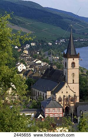 Stock Photography - Church in town at riverside, Rhine River, Lorch, Baden-Wurttemberg, Germany . Fotosearch