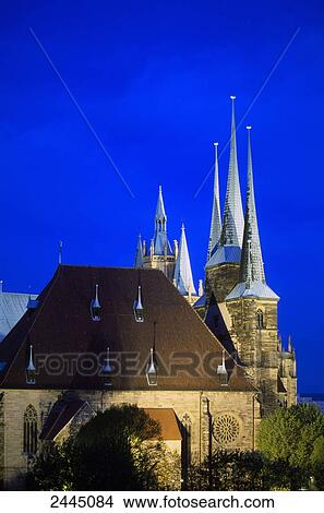 Picture - Church lit up at dusk, Severikirche, Erfurt, Thuringia, Germany . Fotosearch