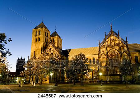 Stock Photo - Church lit up at dusk, St Paul Church, Muenster, North Rhine-Westphalia, Germany . Fotosearch