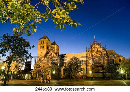 Church lit up at dusk, St Paul Church, Muenster, North Rhine-Westphalia, Germany View Large Photo Image Stock Photo - Church lit up at dusk, St Paul Church, Muenster, North Rhine-Westphalia, Germany . Fotosearch