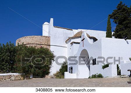 Stock Photography - Church Puig de Missa, Santa Eularia des Riu, Ibiza, Spain, low angle view . Fotosearch
