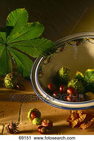 Stock Image - Close-up of chestnuts in bowl . Fotosearch