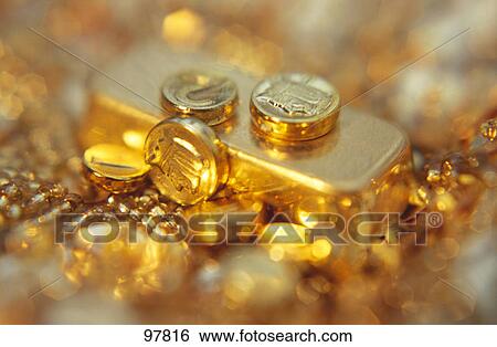 Close-up of gold coins and bars View Large Photo Image Stock Photograph - Close-up of gold coins and bars . Fotosearch