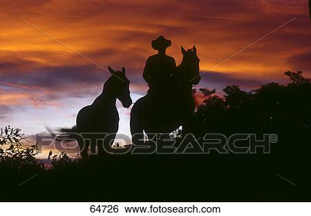 Stock Photograph - Cowboy riding horse at dusk . Fotosearch