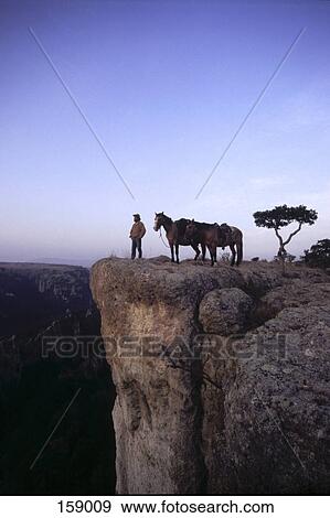 Cowboy standing with horses on cliff, Mexico View Large Photo Image Stock Photo - Cowboy standing with horses on cliff, Mexico . Fotosearch