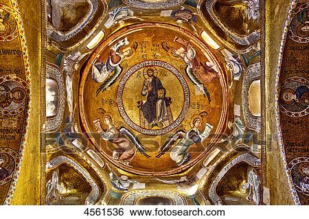 Stock Photograph - Cupola mosaics in the church Santa Maria dell’Ammiraglio, Palermo, Sicily, Italy . Fotosearch
