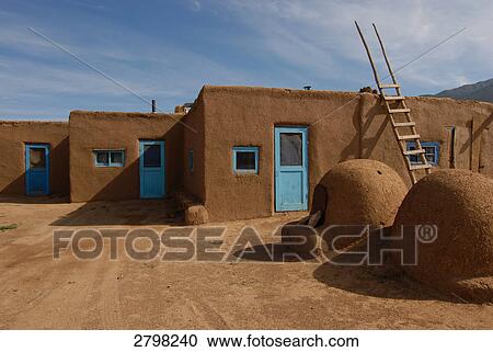 Facade of adobe buildings, Taos Pueblo, Taos, New Mexico, USA View Large Photo Image Stock Image - Facade of adobe buildings, Taos Pueblo, Taos, New Mexico, USA . Fotosearch