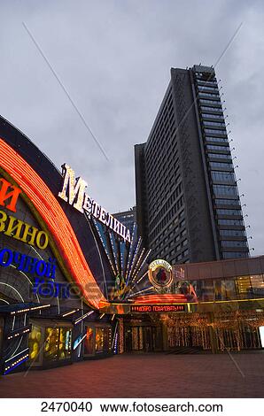 Facade of casino lit up at dusk, Moscow, Russia  View Large Photo Image Stock Image - Facade of casino lit up at dusk, Moscow, Russia . Fotosearch