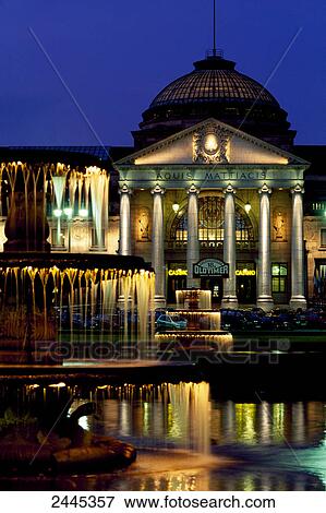 Fountain lit up in front of casino, Wiesbaden, Hesse, Germany View Large Photo Image Stock Photo - Fountain lit up in front of casino, Wiesbaden, Hesse, Germany . Fotosearch