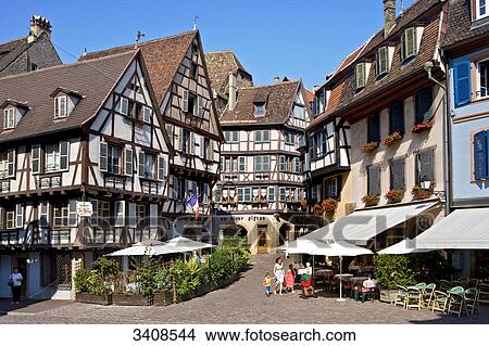 Picture - Half-timbered houses in the old town of Colmar, France, elevated view . Fotosearch